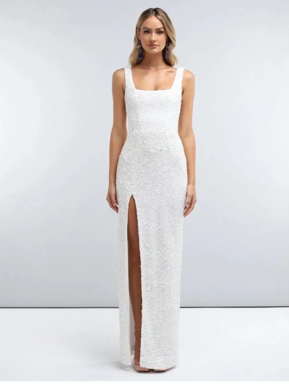 HELSI Marilyn Sleeveless Sequin Side-Slit Maxi Dress in Ivory Size M